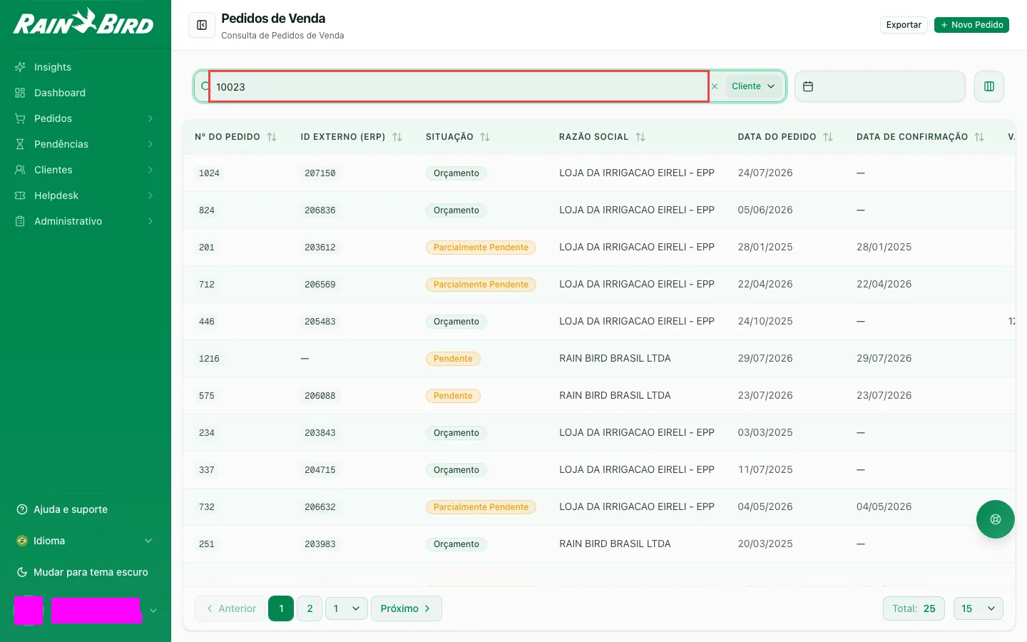 Tela de pedidos de venda com busca aplicada